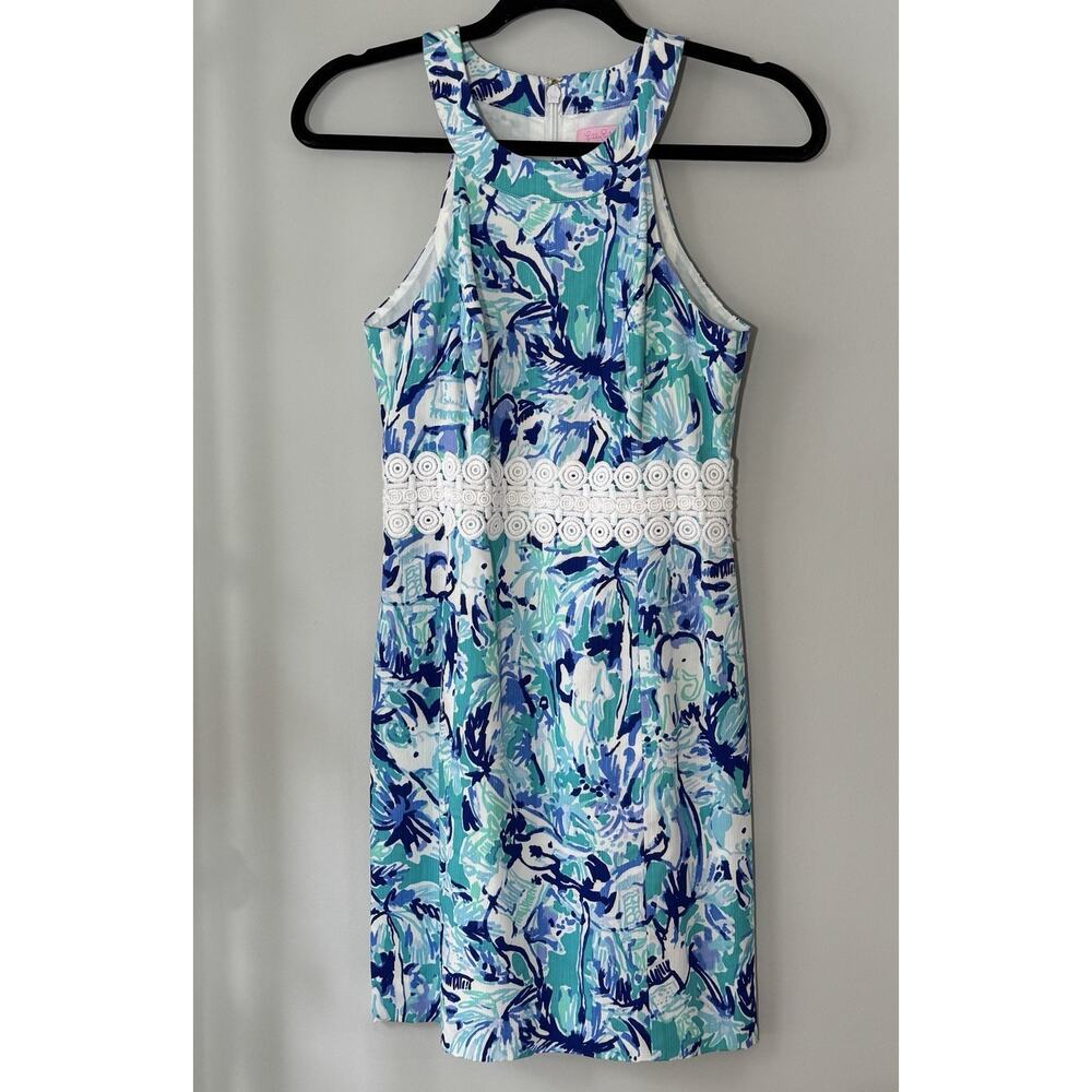 Lilly Pulitzer Ashlyn Shift Dress 00 Turquoise Blue‎ Elephant Appeal Tropical - Picture 4 of 16